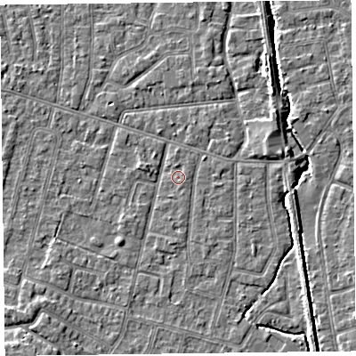 Shaded relief map of the ground around FY55DW, computed from Environment Agency LiDAR. The ground here sits at about 5 m above sea level and falls 4 m across the surrounding 800 m. Surface water reaching this point runs off ground lying to the east-south-east, 0.5 m higher.