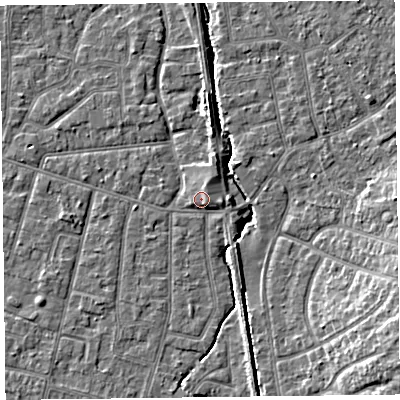 Shaded relief map of the ground around FY55DX, computed from Environment Agency LiDAR. The ground here sits at about 6 m above sea level and falls 8 m across the surrounding 800 m. Surface water reaching this point runs off ground lying to the north-east, 1.1 m higher.