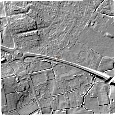 Shaded relief map of the ground around FY55DZ, computed from Environment Agency LiDAR. The ground here sits at about 5 m above sea level and falls 9 m across the surrounding 800 m. Surface water reaching this point runs off ground lying to the west, 1.5 m higher.