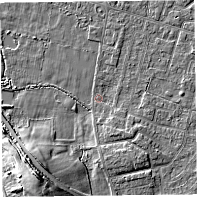 Shaded relief map of the ground around FY55EA, computed from Environment Agency LiDAR. The ground here sits at about 4 m above sea level and falls 14 m across the surrounding 800 m. Surface water reaching this point runs off ground lying to the south-south-east, 3.5 m higher.