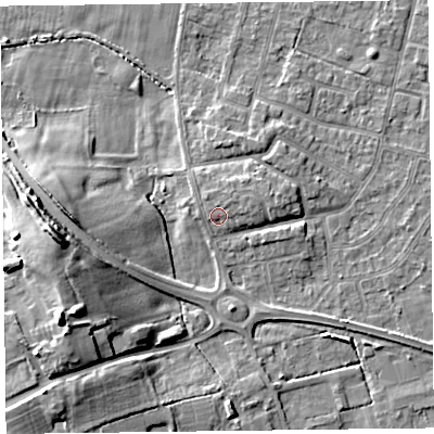 Shaded relief map of the ground around FY55ED, computed from Environment Agency LiDAR. The ground here sits at about 6 m above sea level and falls 15 m across the surrounding 800 m. Surface water reaching this point runs off ground lying to the north-east, 1.5 m higher.
