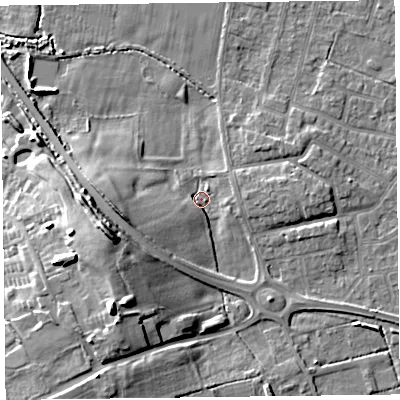Shaded relief map of the ground around FY55EE, computed from Environment Agency LiDAR. The ground here sits at about 4 m above sea level and falls 15 m across the surrounding 800 m. Surface water reaching this point runs off ground lying to the west-south-west, 13.0 m higher.