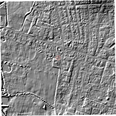 Shaded relief map of the ground around FY55EF, computed from Environment Agency LiDAR. The ground here sits at about 5 m above sea level and falls 5 m across the surrounding 800 m. Surface water reaching this point runs off ground lying to the south-south-west, 0.8 m higher.