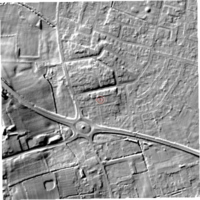 Shaded relief map of the ground around FY55EG, computed from Environment Agency LiDAR. The ground here sits at about 5 m above sea level and falls 15 m across the surrounding 800 m. Surface water reaching this point runs off ground lying to the east-north-east, 1.2 m higher.