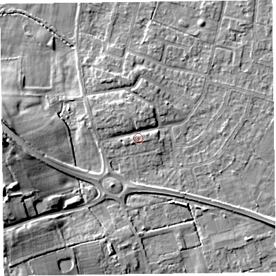 Shaded relief map of the ground around FY55EH, computed from Environment Agency LiDAR. The ground here sits at about 6 m above sea level and falls 15 m across the surrounding 800 m. Surface water reaching this point runs off ground lying to the north, 2.2 m higher.