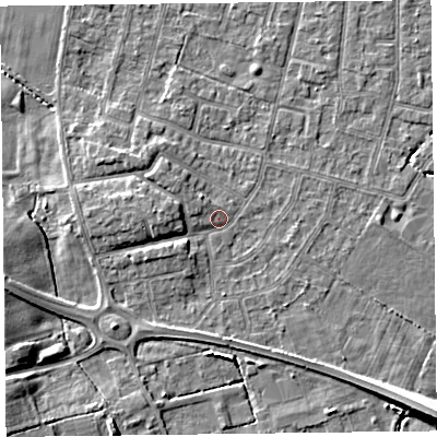Shaded relief map of the ground around FY55EJ, computed from Environment Agency LiDAR. The ground here sits at about 5 m above sea level and falls 8 m across the surrounding 800 m. Surface water reaching this point runs off ground lying to the west, 3.1 m higher.