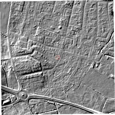 Shaded relief map of the ground around FY55EL, computed from Environment Agency LiDAR. The ground here sits at about 5 m above sea level and falls 6 m across the surrounding 800 m. Surface water reaching this point runs off ground lying to the west-south-west, 3.1 m higher.