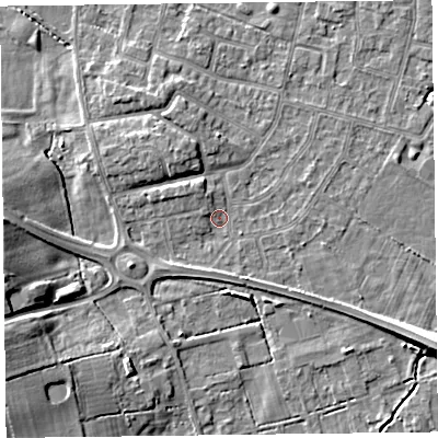 Shaded relief map of the ground around FY55EN, computed from Environment Agency LiDAR. The ground here sits at about 5 m above sea level and falls 9 m across the surrounding 800 m. Surface water reaching this point runs off ground lying to the north-west, 3.0 m higher.