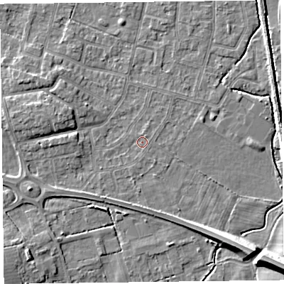 Shaded relief map of the ground around FY55EP, computed from Environment Agency LiDAR. The ground here sits at about 5 m above sea level and falls 10 m across the surrounding 800 m. Surface water reaching this point runs off ground lying to the north-north-east, 0.8 m higher.