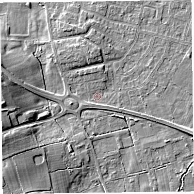 Shaded relief map of the ground around FY55EQ, computed from Environment Agency LiDAR. The ground here sits at about 4 m above sea level and falls 13 m across the surrounding 800 m. Surface water reaching this point runs off ground lying to the north-north-west, 3.0 m higher.