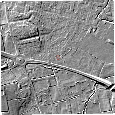 Shaded relief map of the ground around FY55ER, computed from Environment Agency LiDAR. The ground here sits at about 5 m above sea level and falls 9 m across the surrounding 800 m. Surface water reaching this point runs off ground lying to the south-west, 1.5 m higher.