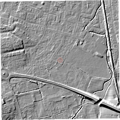 Shaded relief map of the ground around FY55ES, computed from Environment Agency LiDAR. The ground here sits at about 5 m above sea level and falls 10 m across the surrounding 800 m. The ground contributing surface water to this point lies to the west-south-west.
