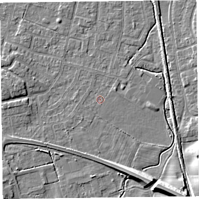 Shaded relief map of the ground around FY55ET, computed from Environment Agency LiDAR. The ground here sits at about 5 m above sea level and falls 10 m across the surrounding 800 m. Surface water reaching this point runs off ground lying to the east-north-east, 1.1 m higher.