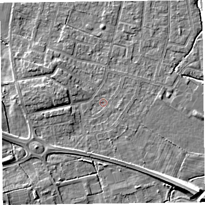 Shaded relief map of the ground around FY55EU, computed from Environment Agency LiDAR. The ground here sits at about 4 m above sea level and falls 9 m across the surrounding 800 m. Surface water reaching this point runs off ground lying to the west, 3.0 m higher.
