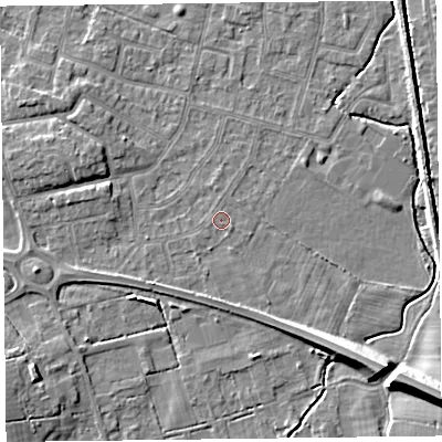 Shaded relief map of the ground around FY55EW, computed from Environment Agency LiDAR. The ground here sits at about 5 m above sea level and falls 10 m across the surrounding 800 m. Surface water reaching this point runs off ground lying to the south-east, 9.6 m higher.