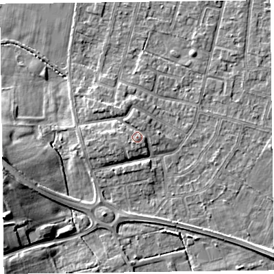 Shaded relief map of the ground around FY55EX, computed from Environment Agency LiDAR. The ground here sits at about 7 m above sea level and falls 14 m across the surrounding 800 m. Surface water reaching this point runs off ground lying to the south-west, 1.7 m higher.