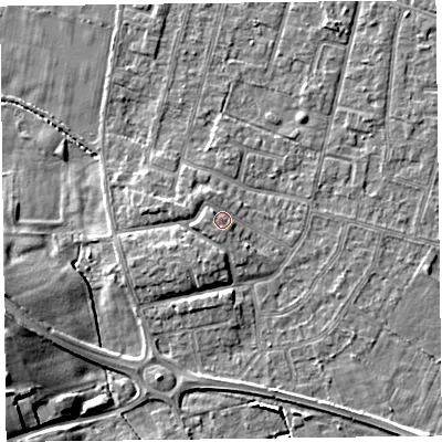 Shaded relief map of the ground around FY55EY, computed from Environment Agency LiDAR. The ground here sits at about 6 m above sea level and falls 12 m across the surrounding 800 m. Surface water reaching this point runs off ground lying to the west, 1.4 m higher.