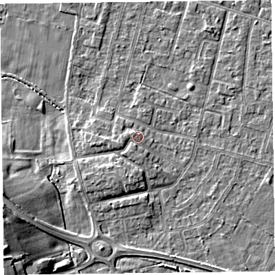 Shaded relief map of the ground around FY55EZ, computed from Environment Agency LiDAR. The ground here sits at about 6 m above sea level and falls 13 m across the surrounding 800 m. Surface water reaching this point runs off ground lying to the south-west, 1.1 m higher.