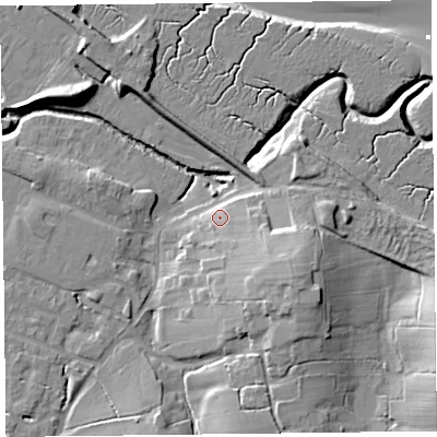 Shaded relief map of the ground around FY55FA, computed from Environment Agency LiDAR. The ground here sits at about 8 m above sea level and falls 16 m across the surrounding 800 m. Surface water reaching this point runs off ground lying to the south-east, 9.3 m higher.