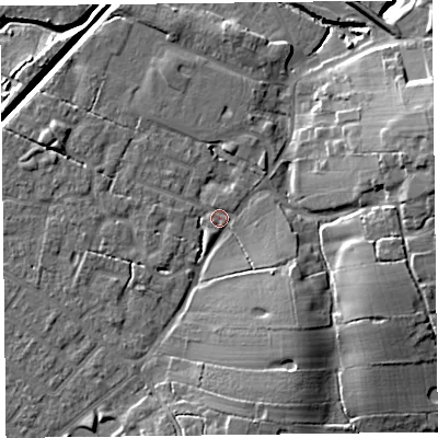 Shaded relief map of the ground around FY55FB, computed from Environment Agency LiDAR. The ground here sits at about 5 m above sea level and falls 14 m across the surrounding 800 m. Surface water reaching this point runs off ground lying to the south-east, 3.5 m higher.