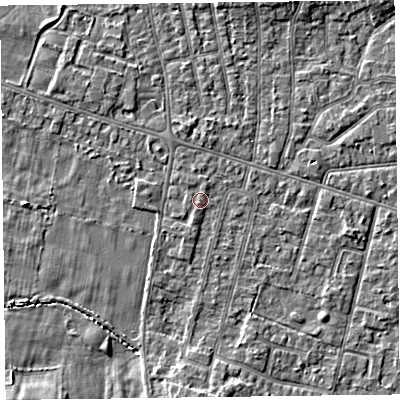 Shaded relief map of the ground around FY55FD, computed from Environment Agency LiDAR. The ground here sits at about 5 m above sea level and falls 3 m across the surrounding 800 m. Surface water reaching this point runs off ground lying to the south-south-west, 0.8 m higher.