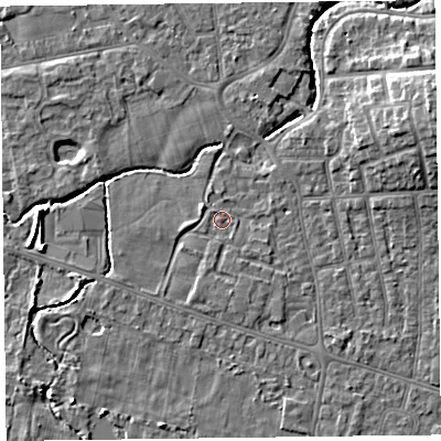 Shaded relief map of the ground around FY55FE, computed from Environment Agency LiDAR. The ground here sits at about 5 m above sea level and falls 9 m across the surrounding 800 m. Surface water reaching this point runs off ground lying to the south, 1.2 m higher.