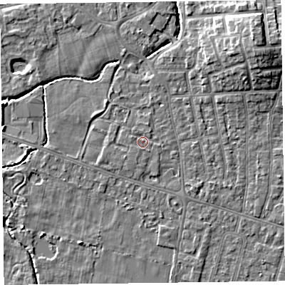 Shaded relief map of the ground around FY55FF, computed from Environment Agency LiDAR. The ground here sits at about 5 m above sea level and falls 9 m across the surrounding 800 m. Surface water reaching this point runs off ground lying to the west-north-west, 0.8 m higher.