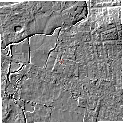 Shaded relief map of the ground around FY55FG, computed from Environment Agency LiDAR. The ground here sits at about 5 m above sea level and falls 9 m across the surrounding 800 m. Surface water reaching this point runs off ground lying to the south-south-east, 0.8 m higher.