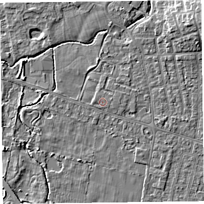 Shaded relief map of the ground around FY55FH, computed from Environment Agency LiDAR. The ground here sits at about 5 m above sea level and falls 8 m across the surrounding 800 m. Surface water reaching this point runs off ground lying to the west, 0.7 m higher.