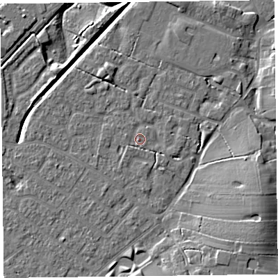 Shaded relief map of the ground around FY55HB, computed from Environment Agency LiDAR. The ground here sits at about 6 m above sea level and falls 10 m across the surrounding 800 m. Surface water reaching this point runs off ground lying to the east-south-east, 1.3 m higher.