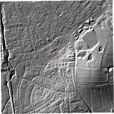 Shaded relief map of the ground around FY55HE, computed from Environment Agency LiDAR. The ground here sits at about 6 m above sea level and falls 15 m across the surrounding 800 m. Surface water reaching this point runs off ground lying to the south-east, 7.0 m higher.