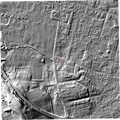Shaded relief map of the ground around FY55HF, computed from Environment Agency LiDAR. The ground here sits at about 4 m above sea level and falls 14 m across the surrounding 800 m. Surface water reaching this point runs off ground lying to the south-south-east, 2.8 m higher.