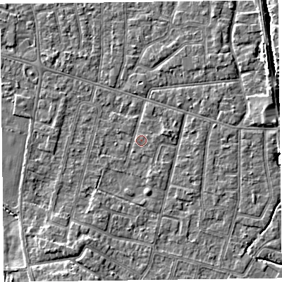 Shaded relief map of the ground around FY55HG, computed from Environment Agency LiDAR. The ground here sits at about 5 m above sea level and falls 4 m across the surrounding 800 m. Surface water reaching this point runs off ground lying to the south-south-west, 2.0 m higher.