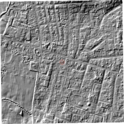Shaded relief map of the ground around FY55HJ, computed from Environment Agency LiDAR. The ground here sits at about 5 m above sea level and falls 4 m across the surrounding 800 m. Surface water reaching this point runs off ground lying to the south-west, 0.8 m higher.