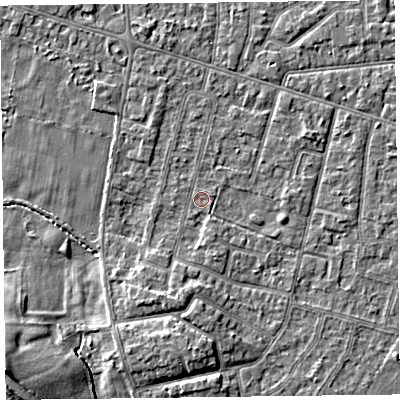 Shaded relief map of the ground around FY55HL, computed from Environment Agency LiDAR. The ground here sits at about 5 m above sea level and falls 10 m across the surrounding 800 m. The ground contributing surface water to this point lies to the east-south-east.