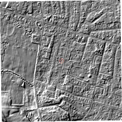 Shaded relief map of the ground around FY55HN, computed from Environment Agency LiDAR. The ground here sits at about 4 m above sea level and falls 9 m across the surrounding 800 m. Surface water reaching this point runs off ground lying to the north-west, 0.5 m higher.