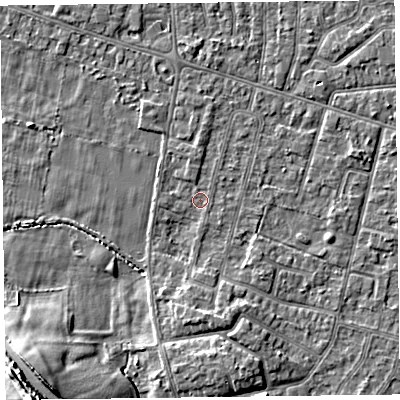 Shaded relief map of the ground around FY55HP, computed from Environment Agency LiDAR. The ground here sits at about 4 m above sea level and falls 13 m across the surrounding 800 m. Surface water reaching this point runs off ground lying to the north-north-west, 1.0 m higher.