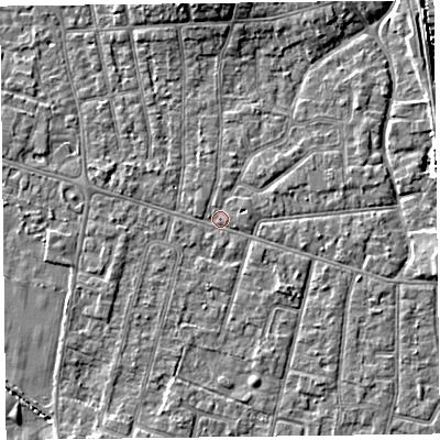 Shaded relief map of the ground around FY55HQ, computed from Environment Agency LiDAR. The ground here sits at about 5 m above sea level and falls 5 m across the surrounding 800 m. Surface water reaching this point runs off ground lying to the south-east, 1.4 m higher.