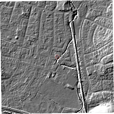 Shaded relief map of the ground around FY55HR, computed from Environment Agency LiDAR. The ground here sits at about 5 m above sea level and falls 10 m across the surrounding 800 m. Surface water reaching this point runs off ground lying to the south-south-west, 2.1 m higher.