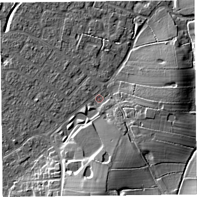 Shaded relief map of the ground around FY55HS, computed from Environment Agency LiDAR. The ground here sits at about 5 m above sea level and falls 16 m across the surrounding 800 m. Surface water reaching this point runs off ground lying to the south-south-east, 7.9 m higher.