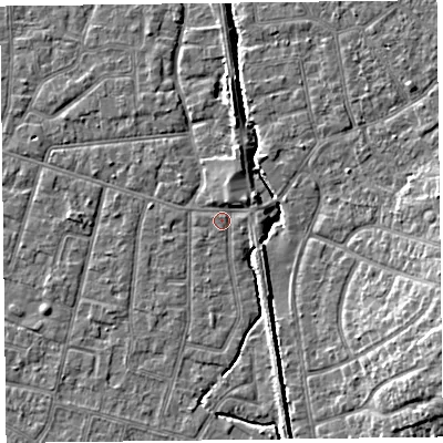 Shaded relief map of the ground around FY55HT, computed from Environment Agency LiDAR. The ground here sits at about 5 m above sea level and falls 8 m across the surrounding 800 m. Surface water reaching this point runs off ground lying to the north-north-east, 1.7 m higher.