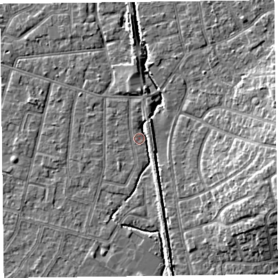 Shaded relief map of the ground around FY55HU, computed from Environment Agency LiDAR. The ground here sits at about 5 m above sea level and falls 9 m across the surrounding 800 m. Surface water reaching this point runs off ground lying to the north, 3.4 m higher.