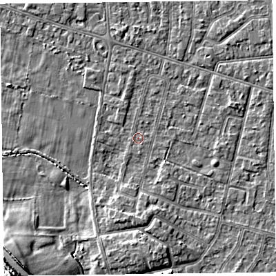 Shaded relief map of the ground around FY55HW, computed from Environment Agency LiDAR. The ground here sits at about 5 m above sea level and falls 13 m across the surrounding 800 m. The ground contributing surface water to this point lies to the south-south-east.