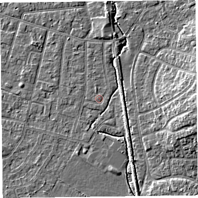 Shaded relief map of the ground around FY55HX, computed from Environment Agency LiDAR. The ground here sits at about 5 m above sea level and falls 8 m across the surrounding 800 m. The ground contributing surface water to this point lies to the west.