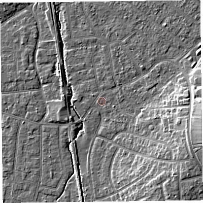 Shaded relief map of the ground around FY55HY, computed from Environment Agency LiDAR. The ground here sits at about 5 m above sea level and falls 12 m across the surrounding 800 m. Surface water reaching this point runs off ground lying to the east-south-east, 2.0 m higher.