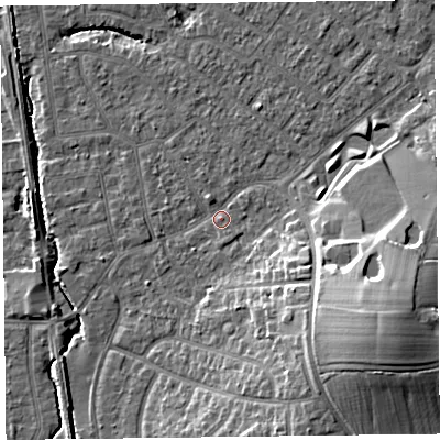 Shaded relief map of the ground around FY55HZ, computed from Environment Agency LiDAR. The ground here sits at about 6 m above sea level and falls 16 m across the surrounding 800 m. Surface water reaching this point runs off ground lying to the south-east, 13.2 m higher.