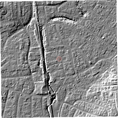 Shaded relief map of the ground around FY55JA, computed from Environment Agency LiDAR. The ground here sits at about 5 m above sea level and falls 11 m across the surrounding 800 m. Surface water reaching this point runs off ground lying to the south-east, 8.1 m higher.