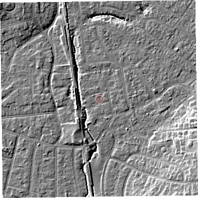Shaded relief map of the ground around FY55JB, computed from Environment Agency LiDAR. The ground here sits at about 5 m above sea level and falls 10 m across the surrounding 800 m. Surface water reaching this point runs off ground lying to the south-south-west, 0.6 m higher.
