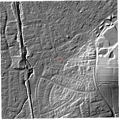 Shaded relief map of the ground around FY55JD, computed from Environment Agency LiDAR. The ground here sits at about 5 m above sea level and falls 15 m across the surrounding 800 m. Surface water reaching this point runs off ground lying to the east-south-east, 6.6 m higher.