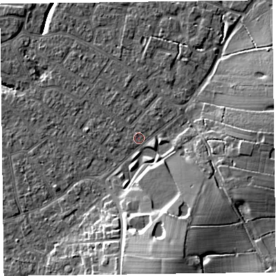 Shaded relief map of the ground around FY55JE, computed from Environment Agency LiDAR. The ground here sits at about 5 m above sea level and falls 16 m across the surrounding 800 m. Surface water reaching this point runs off ground lying to the south-south-east, 13.6 m higher.